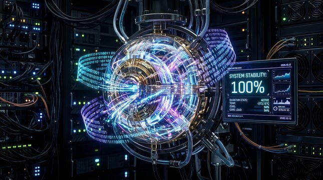 Advanced quantum processor core sphere with digital binary data stream and system stability display in dark server room