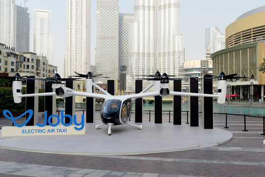 Dubai, UAE - 5 february 2026: Joby electric air taxi prototype displayed in Downtown Dubai representing next generation urban transportation systems