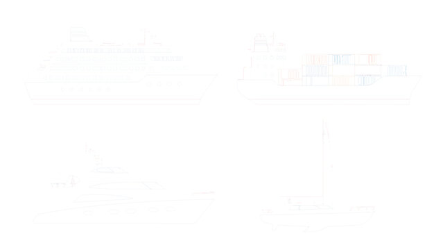Isometric set of cruise ship, cargo ship, yacht and sailboat