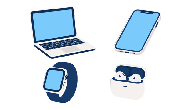 Isometric vector set of laptop smartphone smartwatch and earbuds