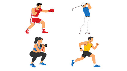 Fototapeta premium Set of athletes boxing, golfing, squatting, and running