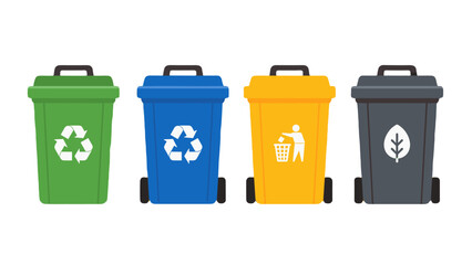 Obraz premium Set of colorful recycling and waste bins in flat vector style