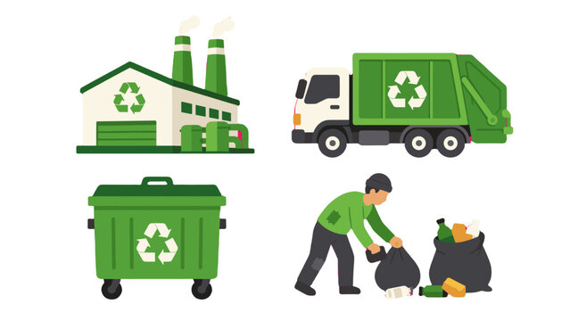 Isometric recycling set with plant truck bin and worker