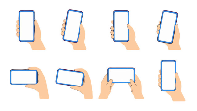 Hand holding smartphone in multiple angles set illustration