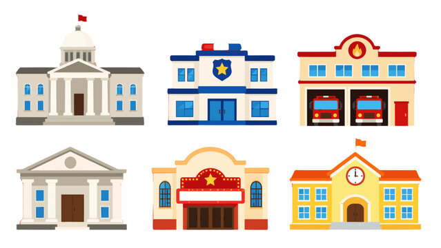 Set of public service and civic buildings in flat vector style