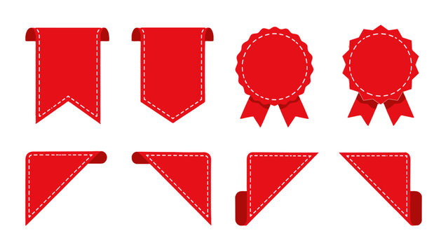 Set of red ribbon labels and badge seals in flat vector style