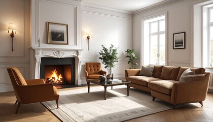 Fototapeta premium Modern living room with cozy fireplace and furniture.