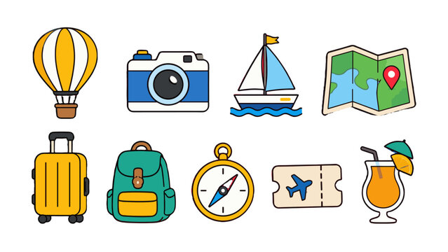 Travel icon set with suitcase camera map compass and boat