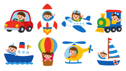 Fototapeta premium Cute children riding toy vehicles and transport set illustration