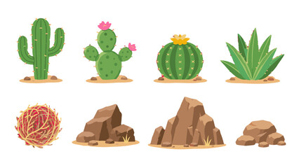 Desert plants and rocks cartoon vector set on white background © icon_art