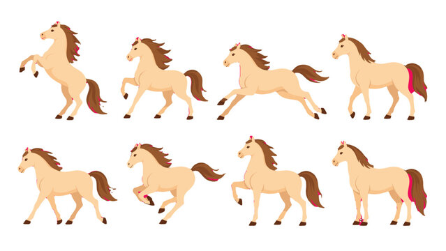 Set of cartoon horse poses in flat vector style