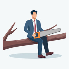 Businessman sawing off the branch he is sitting on