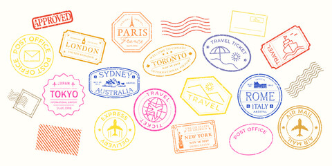 Naklejka premium Colorful travel passport stamps element vector set