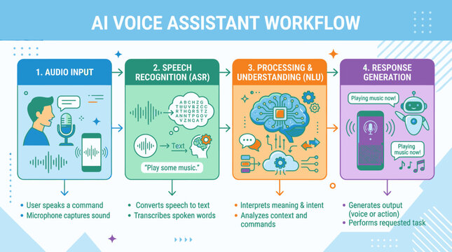 AI voice assistant workflow infographic with step by step process