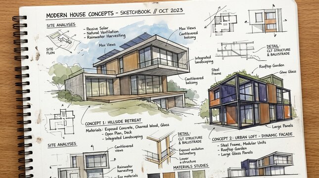 Architectural Sketchbook with Modern House Concepts