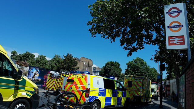 London-27 05 2026: London ambulance at the incident at West Brompton Underground Station