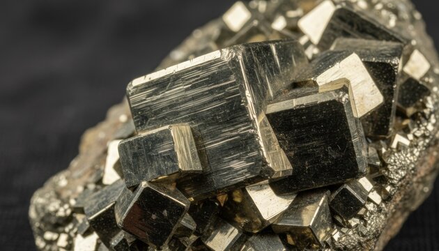 Close up view of golden brassy pyrite fool gold mineral crystals showing distinct cubic formations and striated surfaces
