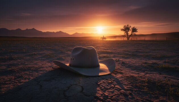 A wide desert landscape at sunset featuring a lone cowboy riding in the distance and a hat resting in the foreground creating a cinematic mood filled with quiet western solitude
