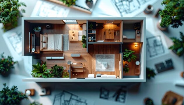 Top view architectural model of modern apartment layout showing bedroom and living room with green plants surrounded by floor plans