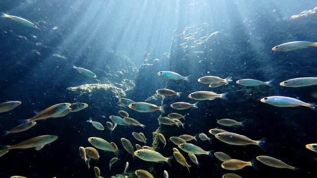School of small salema porgy swim underwater in sunlit ocean waters