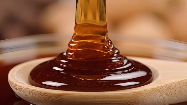 Closeup of golden honey dripping onto a wooden spoon in slow motion.