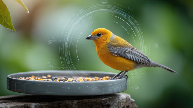 Greenfinch bird perching on a backyard bird feeder, eating seeds, representing wildlife observation, nature conservation, and supporting garden biodiversity