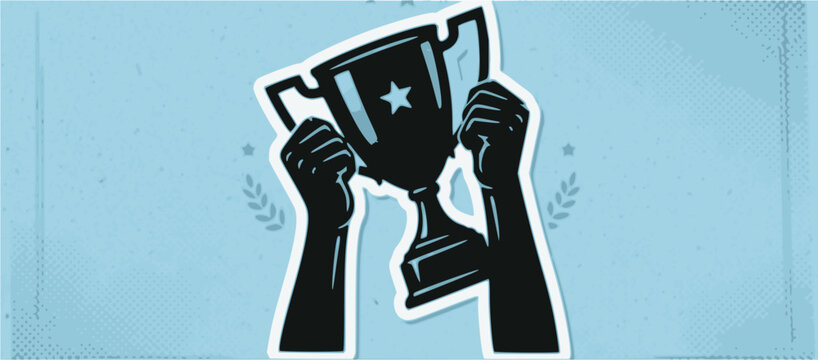 A pair of hands holding up a trophy cup with a star on it, symbolizing achievement and success on a light blue background with laurel wreath illustrations.