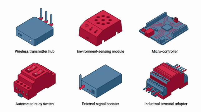 Set of six isometric electronic hardware components including wireless hubs microcontrollers and industrial relay switches in a flat vector style