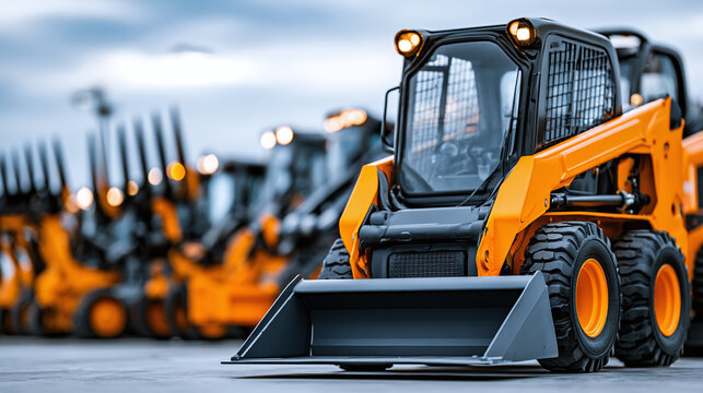 Skid steer loaders lineup showing diverse attachments including forks with the front loader sharply defined against a subtle cloudy background