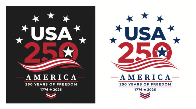 4th of July 250 years USA Independence Day logo set with American flag stripes, star arch, 1776-2026 freedom typography vector