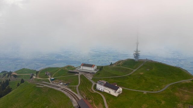 Drone aerial view of Mount Rigi Kulm train station in Switzerland