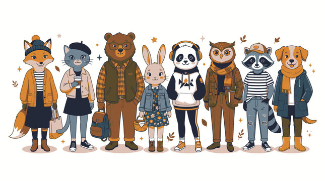 Cartoon animals dressed as people standing.