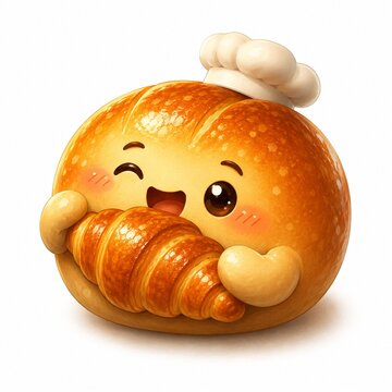 Cute bread chef holding a fresh croissant, generated AI