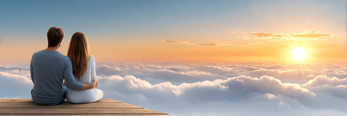 Fototapeta premium Young couple embracing on a wooden pier, enjoying a romantic sunset over a sea of clouds, experiencing freedom, vacation, travel, and a peaceful journey above the world
