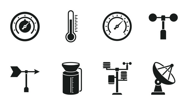 Weather forecast icons, meteorological instruments, climate science, for meteorology and forecasting