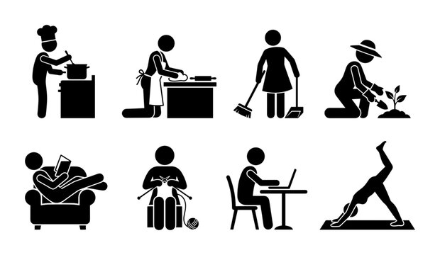 8 Silhouette Icons of People Performing Various Activities, Flat Style, for Lifestyle Concepts