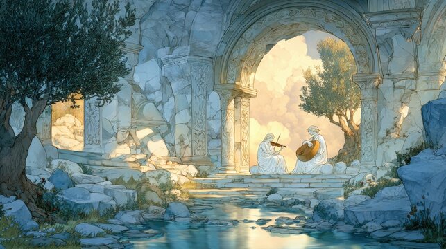 An ethereal scene in an ancient Greek amphitheater at soft twilight, where ghostly figures of famous Greek statues come to life to play lyre and kithara. Mist swirls, wisps of gold light drift throug