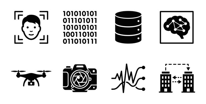 Technology Icons Set: Face Recognition, Binary Code, Database, Brain, Drone, Camera, Graph, Network for AI and Data Science