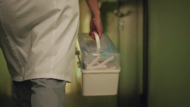 Doctor carrying vaccine cooler down dim corridor, gloved hand gripping insulated container, white coat and uniform visible, temperature label and sealed latch, clinical tension and swift footsteps