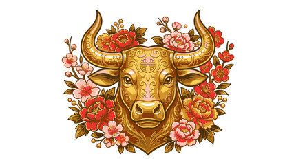 Fototapeta premium Golden Bull Head with Flowers.