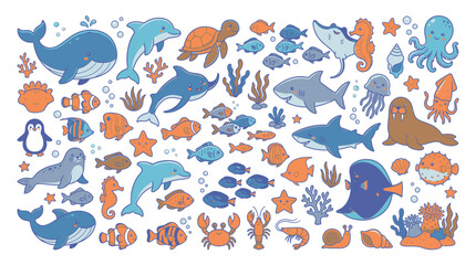 Fototapeta premium Colorful ocean sea creatures stickers.