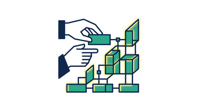 Hands interacting with green blocks diagram.