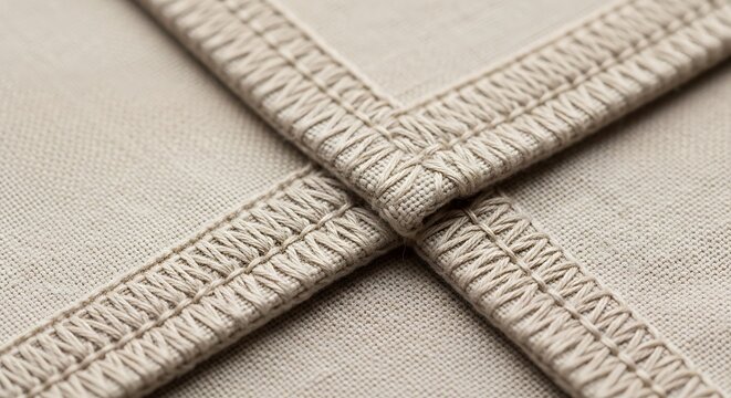 Beige fabric strips intersect on a neutral background showcasing intricate zigzag stitching and subtle texture in soft lighting