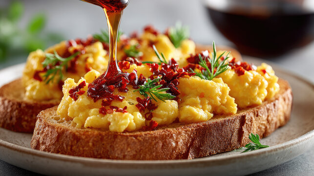 Scrambled eggs on toast topped with a spicy chili crisp drizzle, featuring savory umami heat, herbs and a rich golden brown sauce pouring on a hearty breakfast