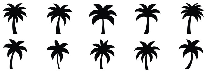 Palm Tree Silhouettes. A collection of diverse palm tree silhouettes, perfect for tropical themes and design elements. © Vector By Kolpona