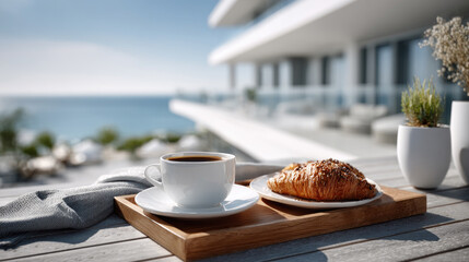 Fototapeta premium Morning coffee and fresh croissant enjoying a leisure breakfast on a hotel balcony or luxury resort terrace overlooking the tranquil blue ocean under a clear sky