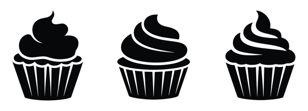 Cupcake Silhouettes. A trio of stylized black silhouettes represents three distinct cupcakes, each featuring a swirling frosting design atop a fluted base, perfect for baking and dessert graphics.
