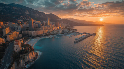 Fototapeta premium Aerial view of monaco cityscape at sunset with mountains, ocean, buildings, and boats in the harbor