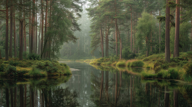 A serene forest scene featuring tall trees reflected in the calm waters of a tranquil lake view image