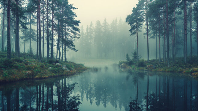 A serene lake reflecting tall trees under a misty sky creating a peaceful and tranquil scene near forest